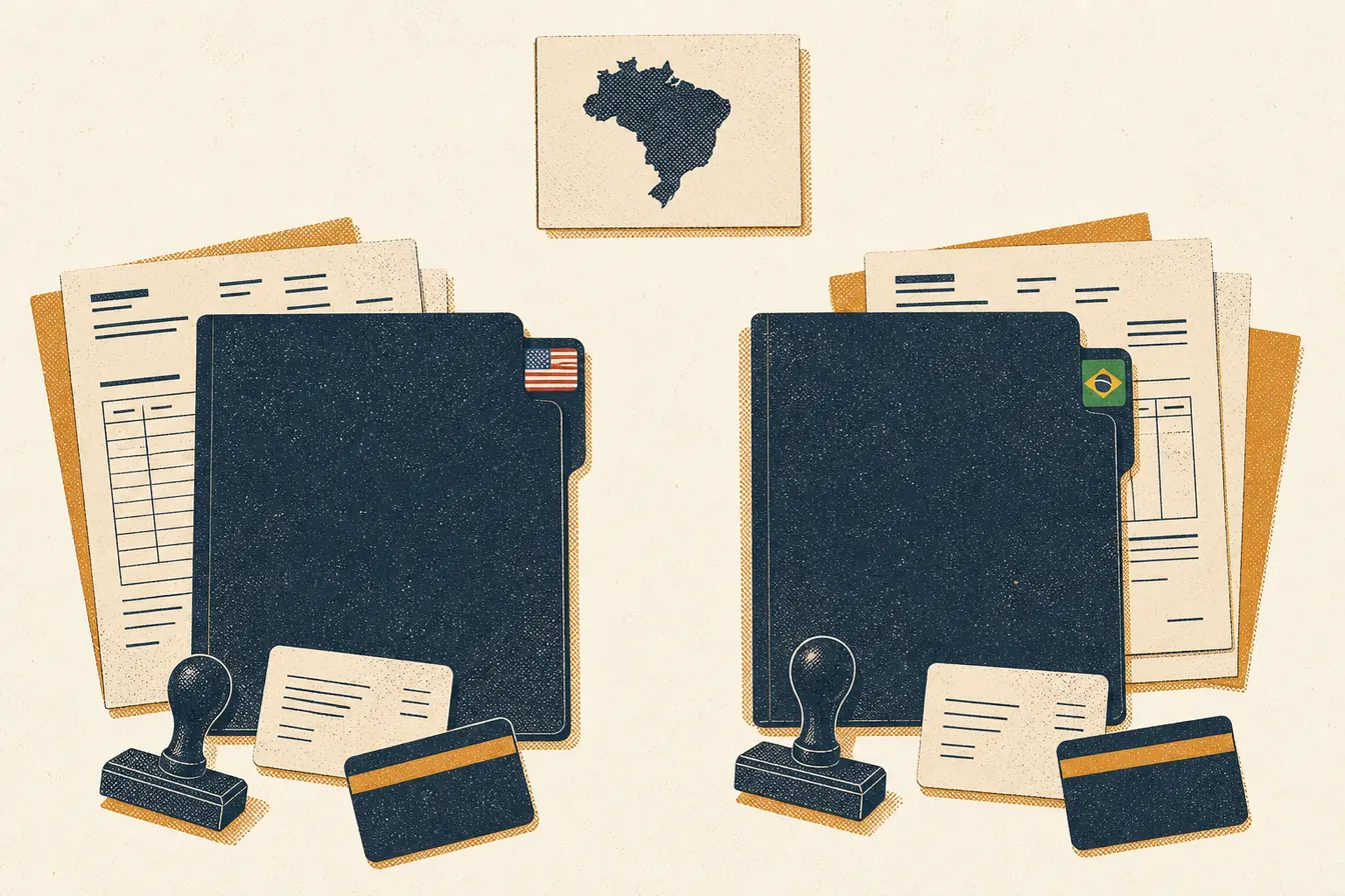 Duas pastas empresariais com abas do Brasil e dos Estados Unidos aparecem com carimbos, cartões e documentos de cobrança.