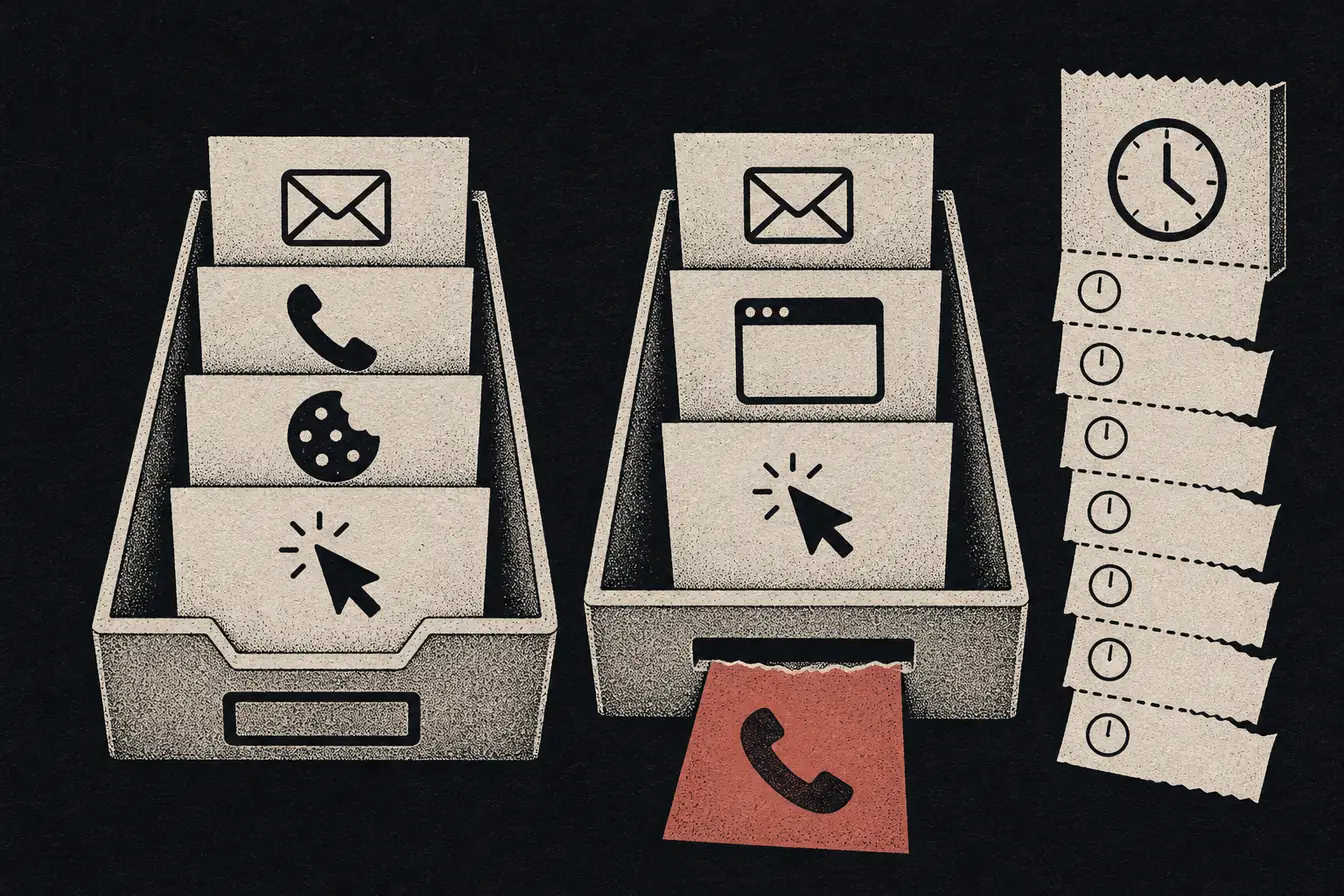 Two printed mail-sorting trays accept different sets of customer cards, while one rejects a phone card beside a receipt losing seven time tabs.