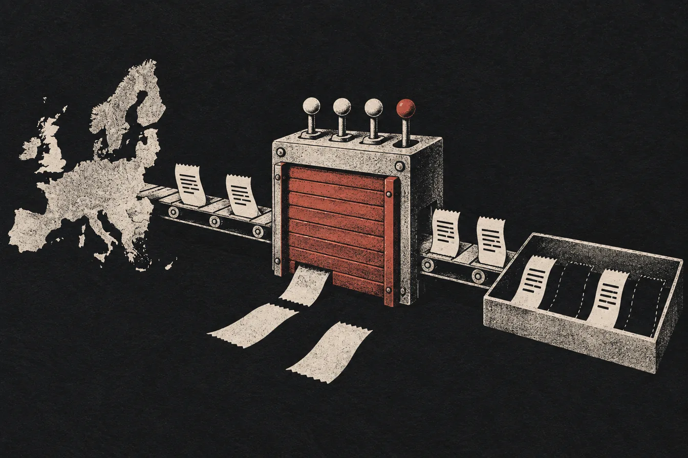 Order receipts reach a consent shutter; some pass into a reporting tray while others leave empty spaces.