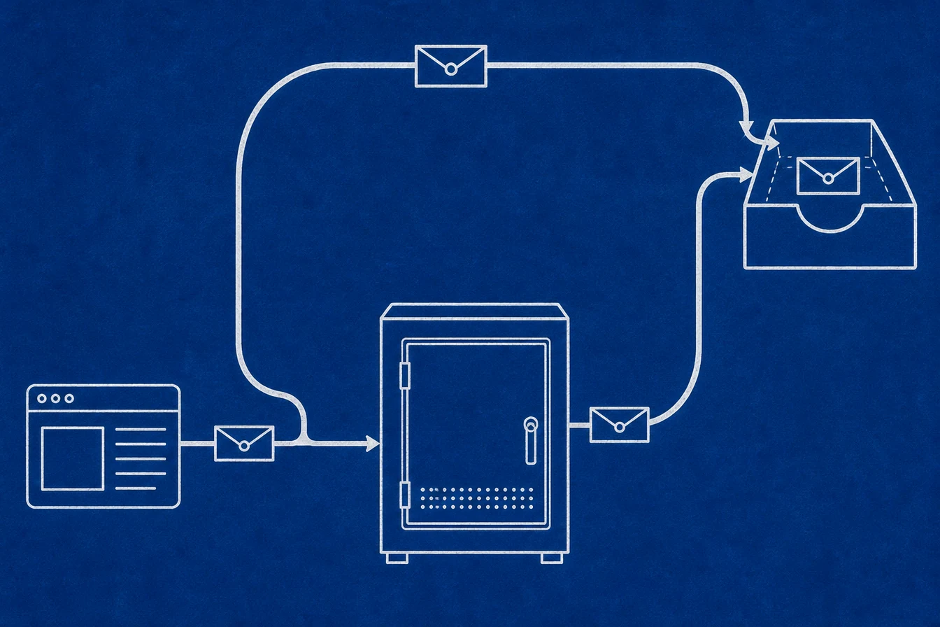 A blueprint schematic showing one website event traveling two routes to a single inbox: a direct pipe, and a path through a first-party relay cabinet, both marked with the same serial notch.