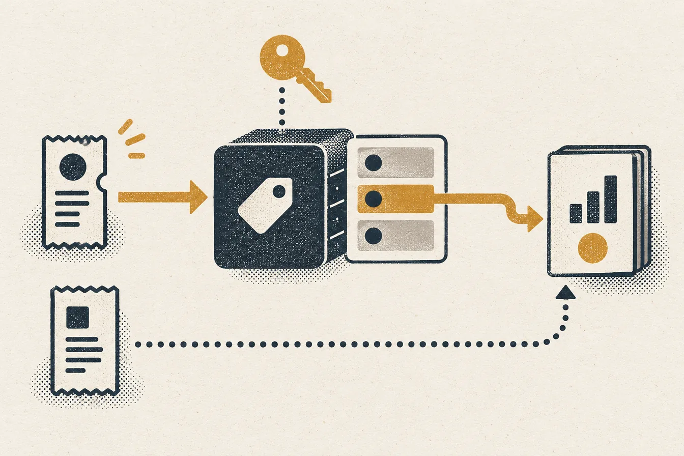 Two printed purchase receipts take different paths toward a reporting ledger while a gold key sits over the connected conversion slot.