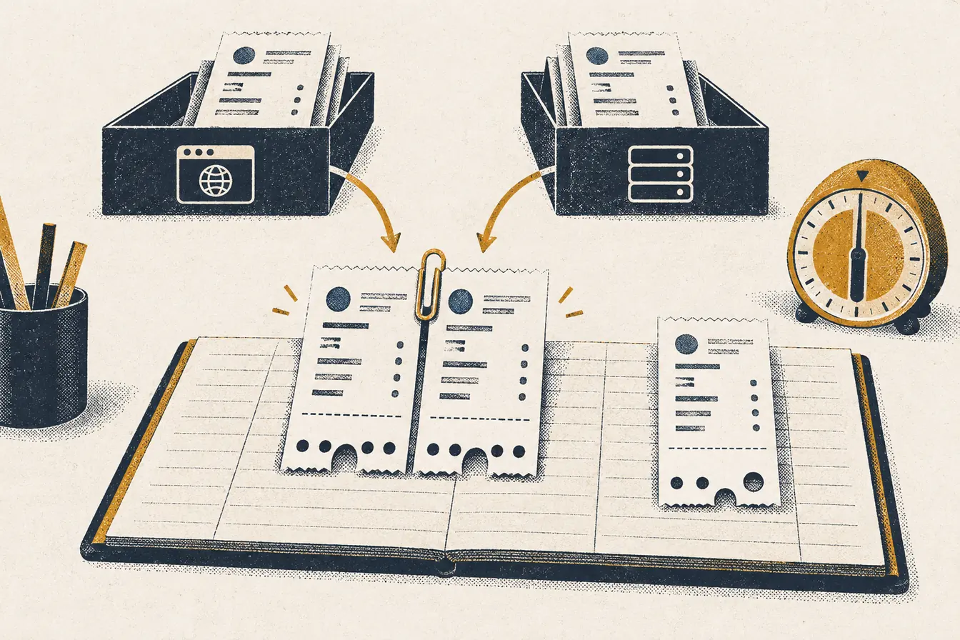 Two matching purchase receipts from browser and server trays are clipped into one ledger entry while a different order remains separate beside a timer.