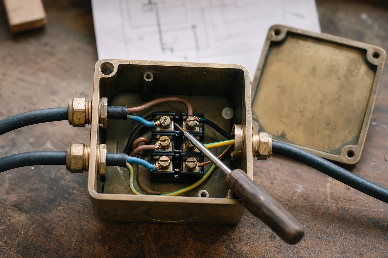 An open brass junction box on a workbench with two cables entering and one leaving, a screwdriver resting across the terminal strip.