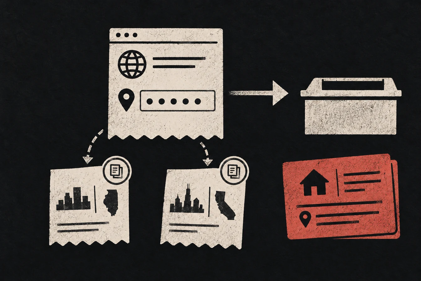 A browser request receipt feeds two small location slips, while a separate checkout address card sits beside them.