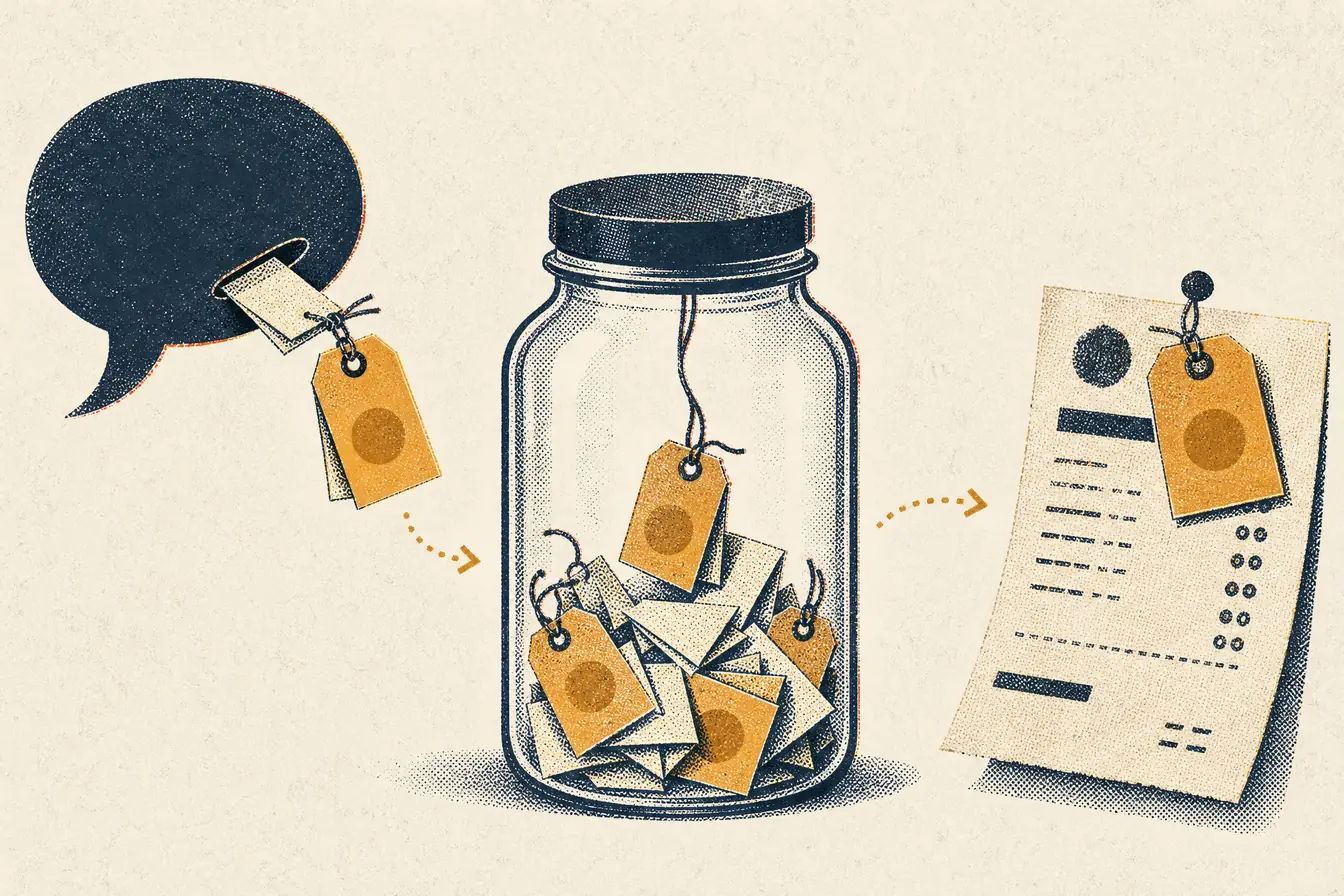 A risograph-style scene: a small numbered tag is handed from a speech bubble to a paper slip, tucked into a jar for safekeeping, and later lifted back out and pinned to a receipt.