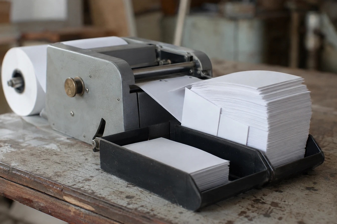 A worn mechanical receipt counter sorts blank slips into sparse and full sections of a split output tray.