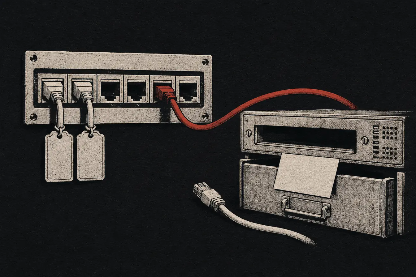 Two identical metal ID tags hang from a patch panel while a red cable bypasses an empty server mail slot and an unsigned card blocks the final drawer.