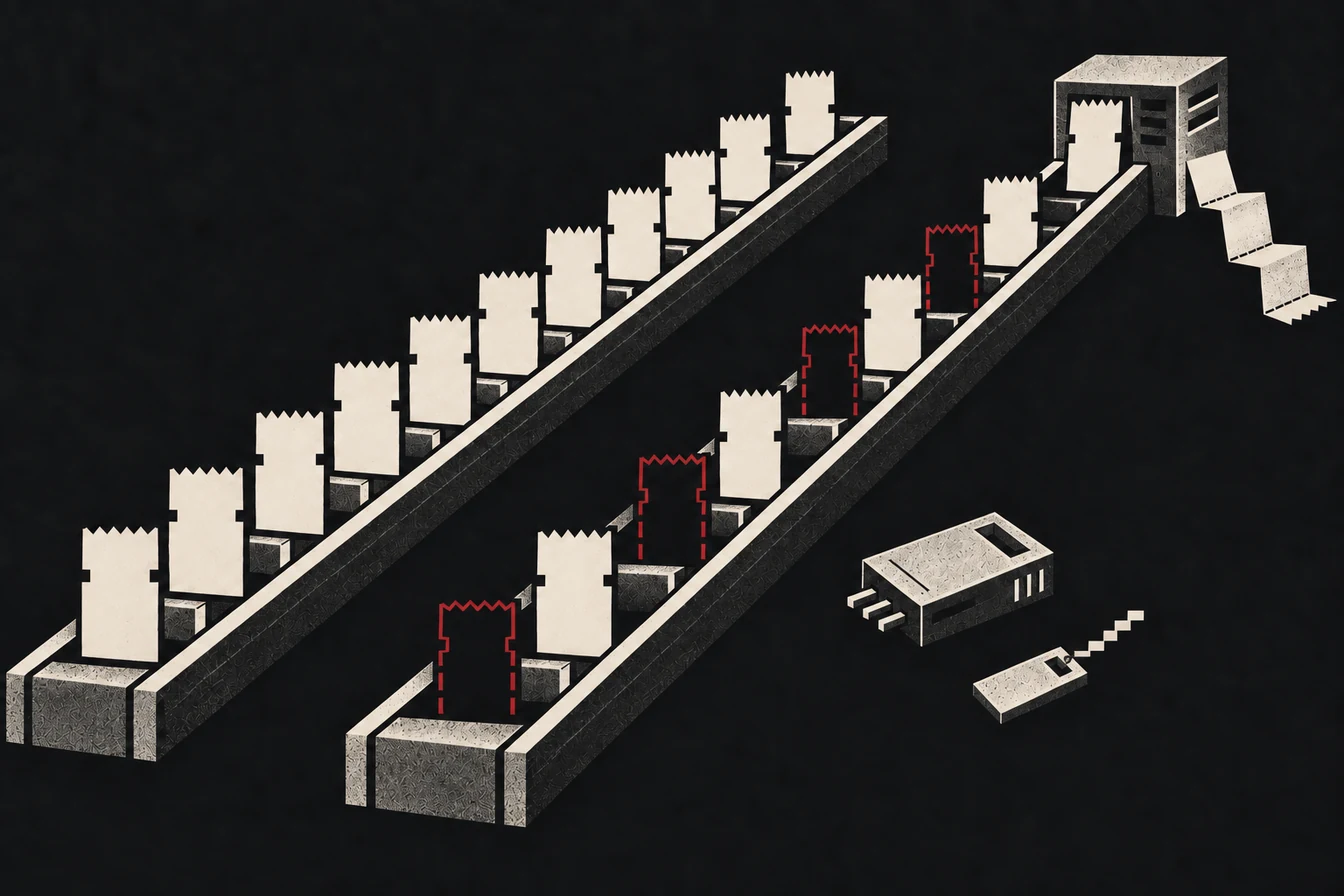 Two receipt rails run in parallel, but one has missing red event tickets beside an unplugged plugin cartridge, an expired key token, and a server log spool.
